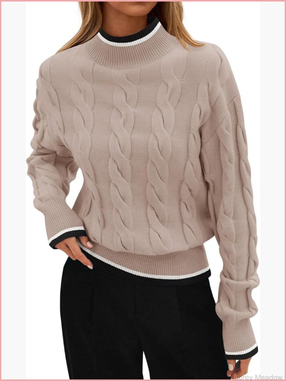 Mock Neck Cable Knit Chunky Pullover Sweater Loose Fit Long Sleeve